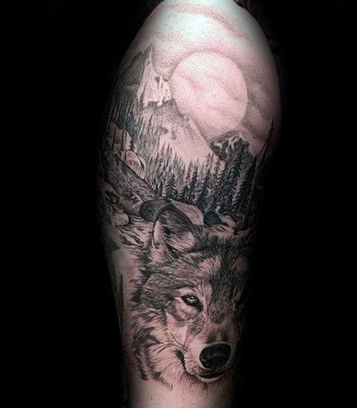 tatuajes de lobos con paisajes