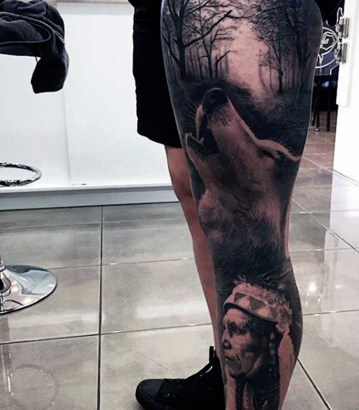 tatuajes de lobos en la pierna
