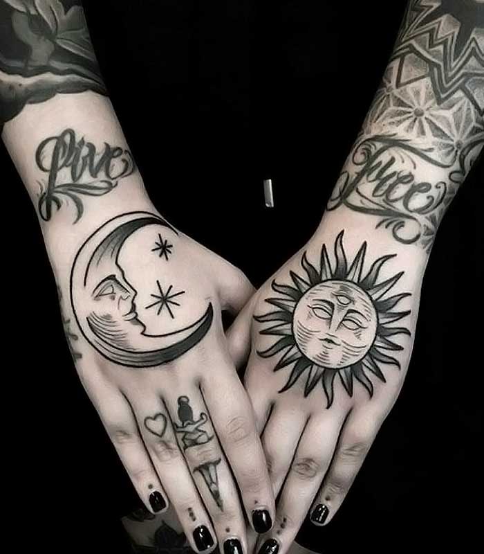 tatuajes de sol y luna en la mano