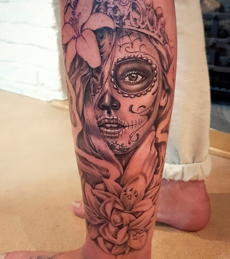 tatuajes de catrina en la pierna 8